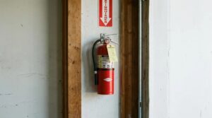 Gasilni aparat nameščen na steni garaže blizu izhoda