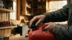 Pregledovanje varnostnega pokrova na plastični posodi za bencin.